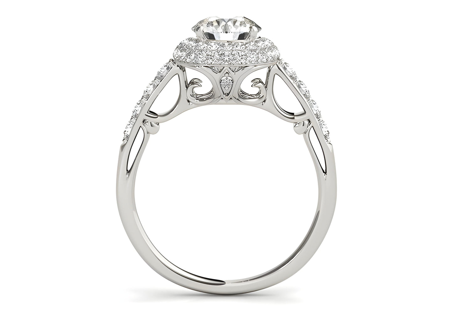 14K WHITE GOLD DOUBLE HALO STYLE ROUND DIAMOND ENGAGEMENT PAVE SHANK RING (1 1/2 CT TW)