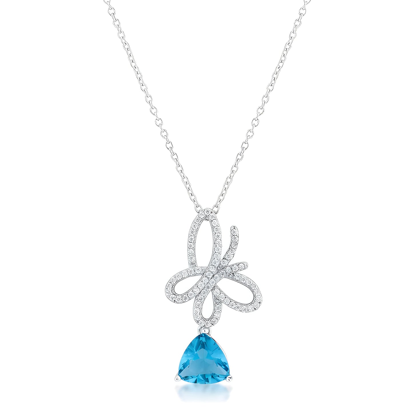 CLAUDIA 2.3 CT AQUA CZ RHODIUM BUTTERFLY DROP NECKLACE