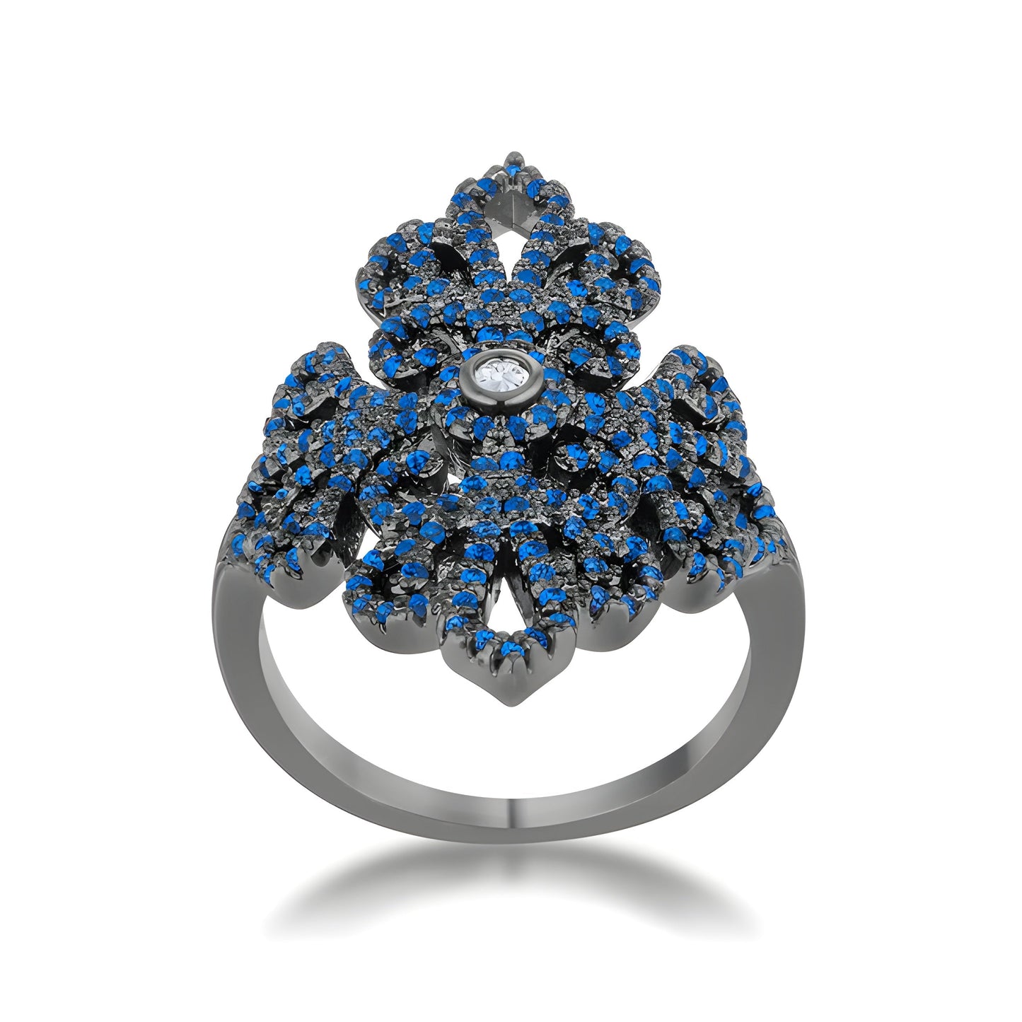 VICTORIA 1.23 CT SAPPHIRE CZ HEMATITE FILIGREE COCKTAIL RING