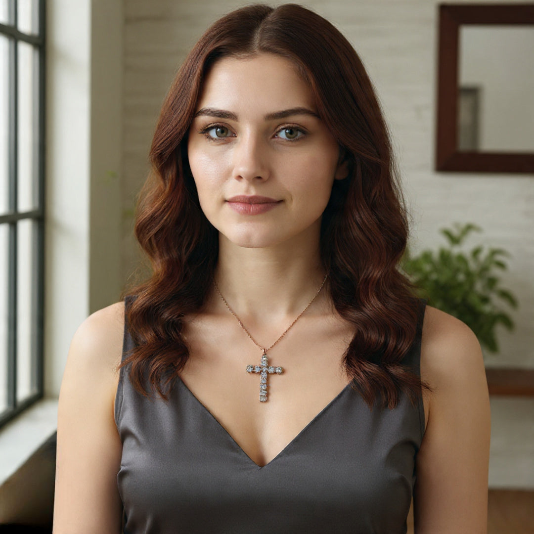 MICRO BEADED ROSE GOLD CLEAR CZ CROSS PENDANT