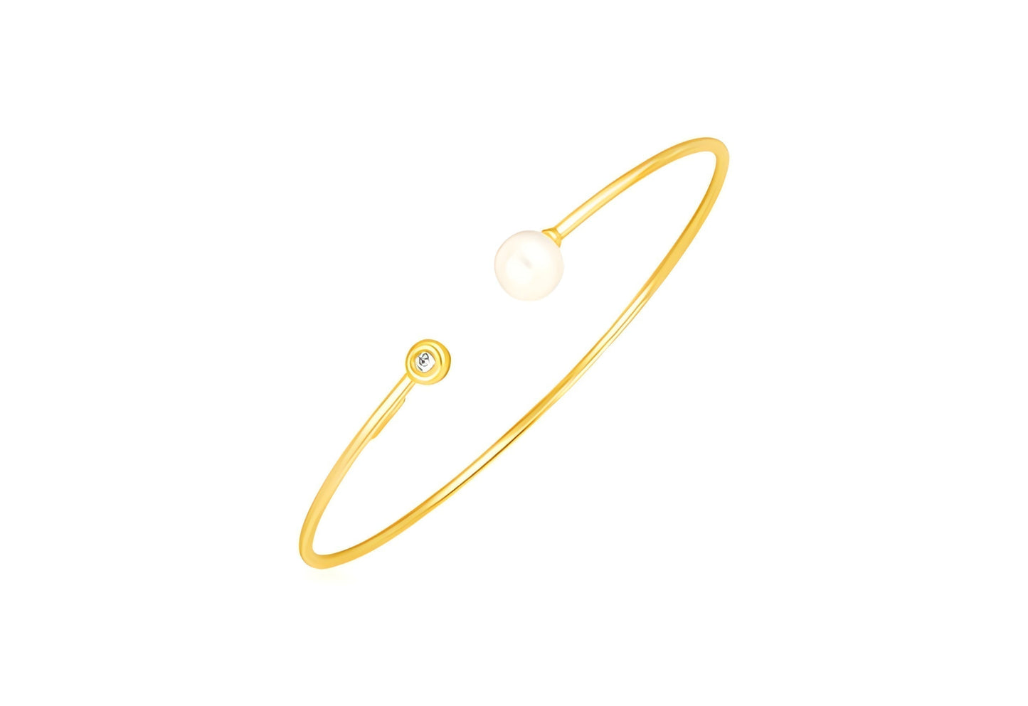 YELLOW GOLD CUFF BANGLE WITH PEARL AND DIAMOND (3.00 MM)