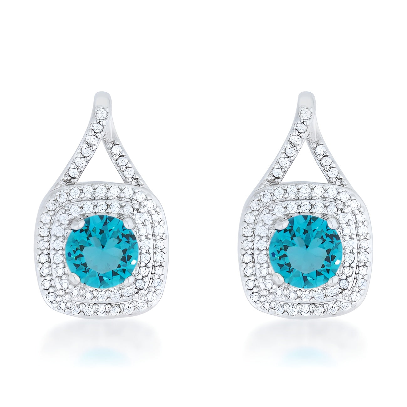 CHRISTAL 2.3 CT AQUA CZ RHODIUM CLASSIC DROP EARRINGS