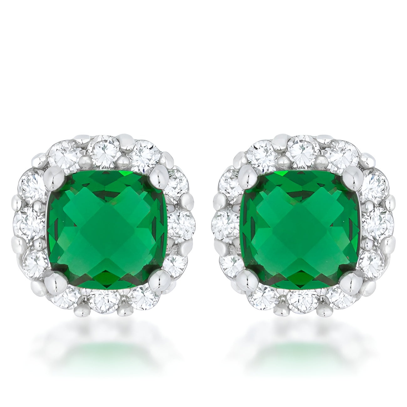 LIZ 2 CT EMERALD CZ RHODIUM CLASSIC CUSHION STUD EARRINGS