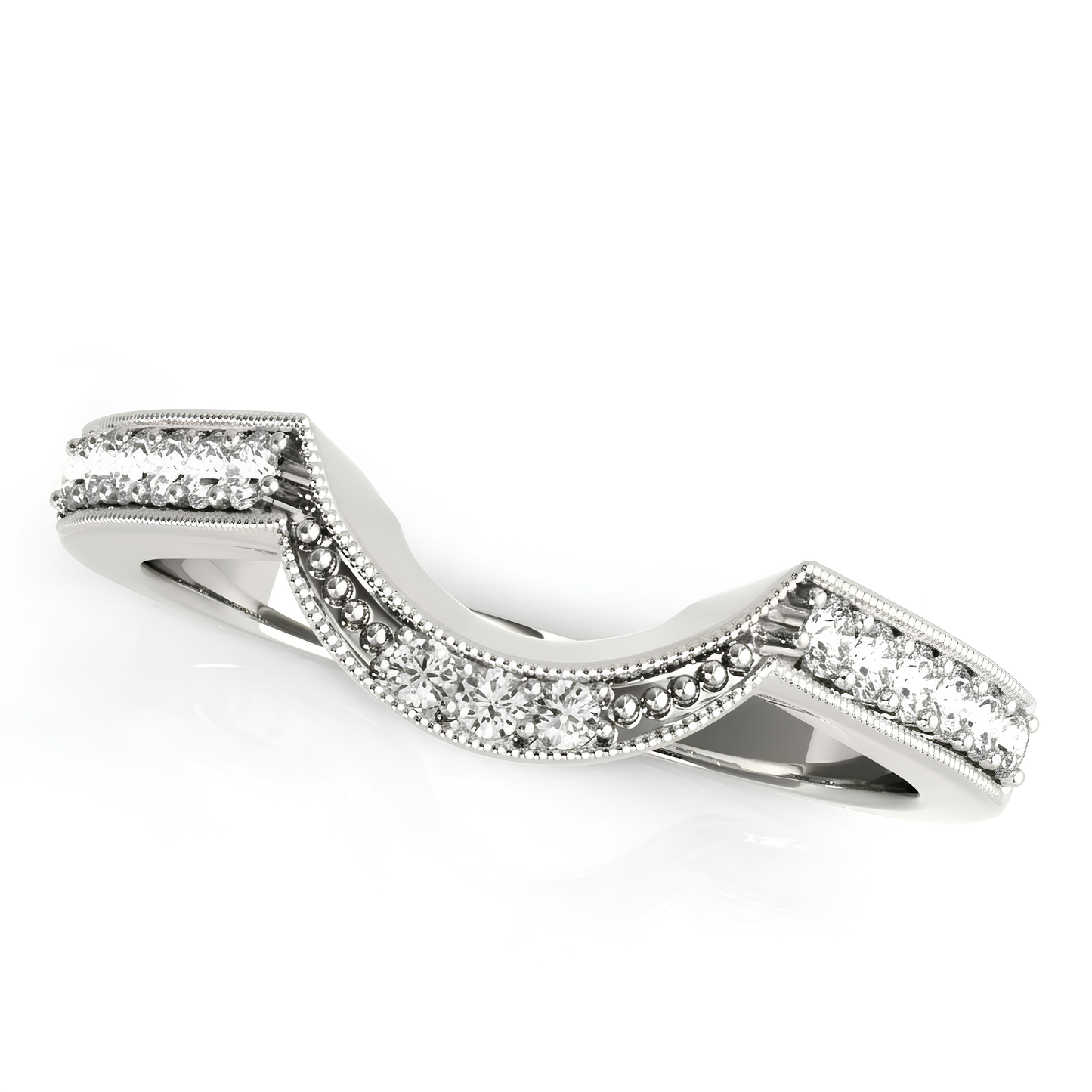 WHITE GOLD ROUND DIAMOND CURVED ANTIQUE WEDDING BAND (1/4 CTTW)
