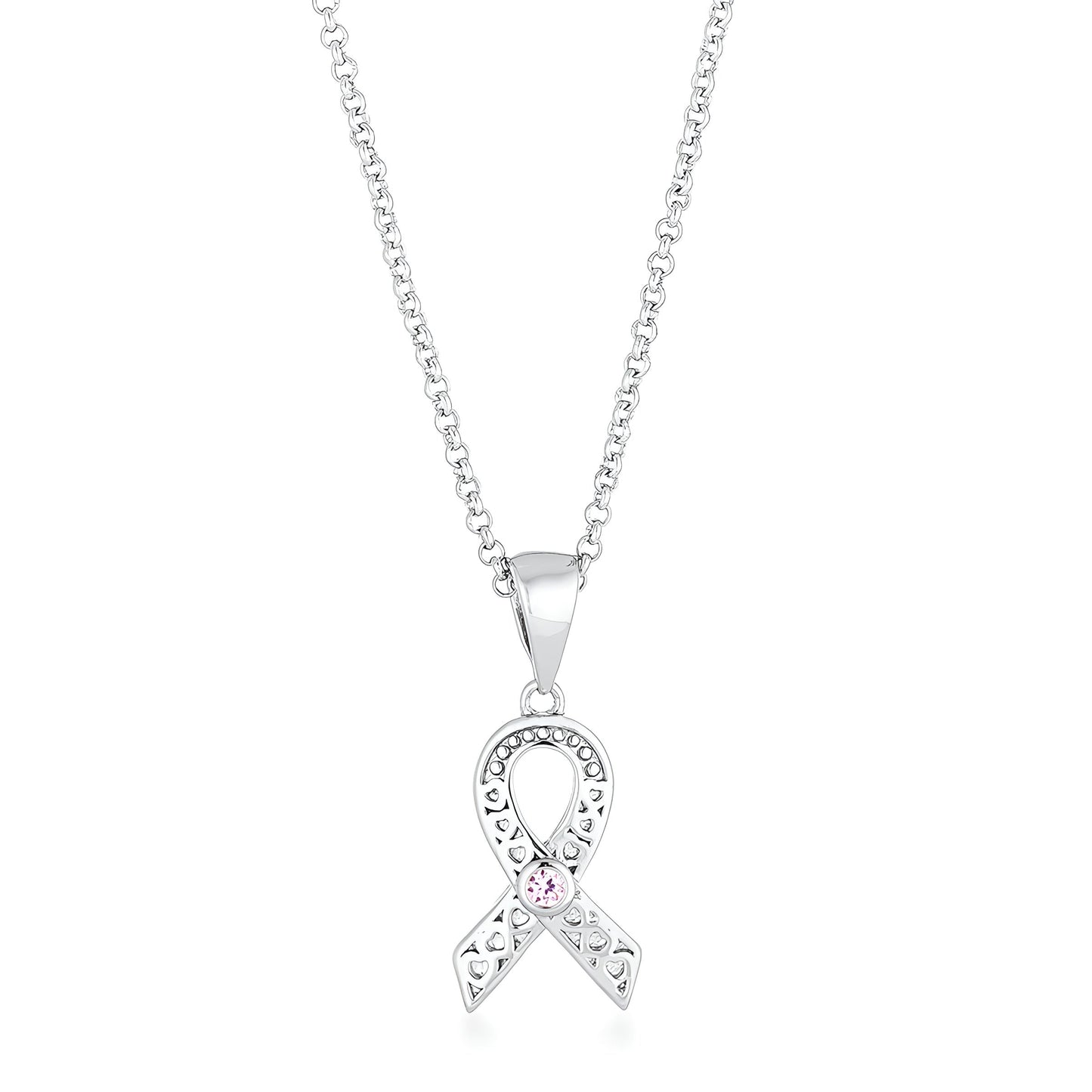 RHODIUM HEART FILIGREE BREAST CANCER AWARENESS RIBBON PENDANT