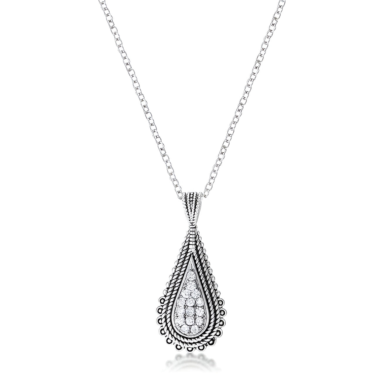 0.37 CT TEAR DROP RHODIUM PENDANT NECKLACE WITH CZ