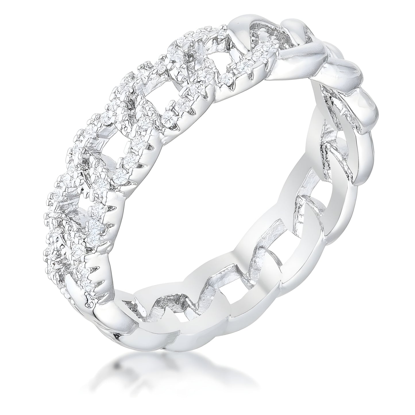 INTERLOCKING RHODIUM CHAIN DESIGN RING WITH CZ