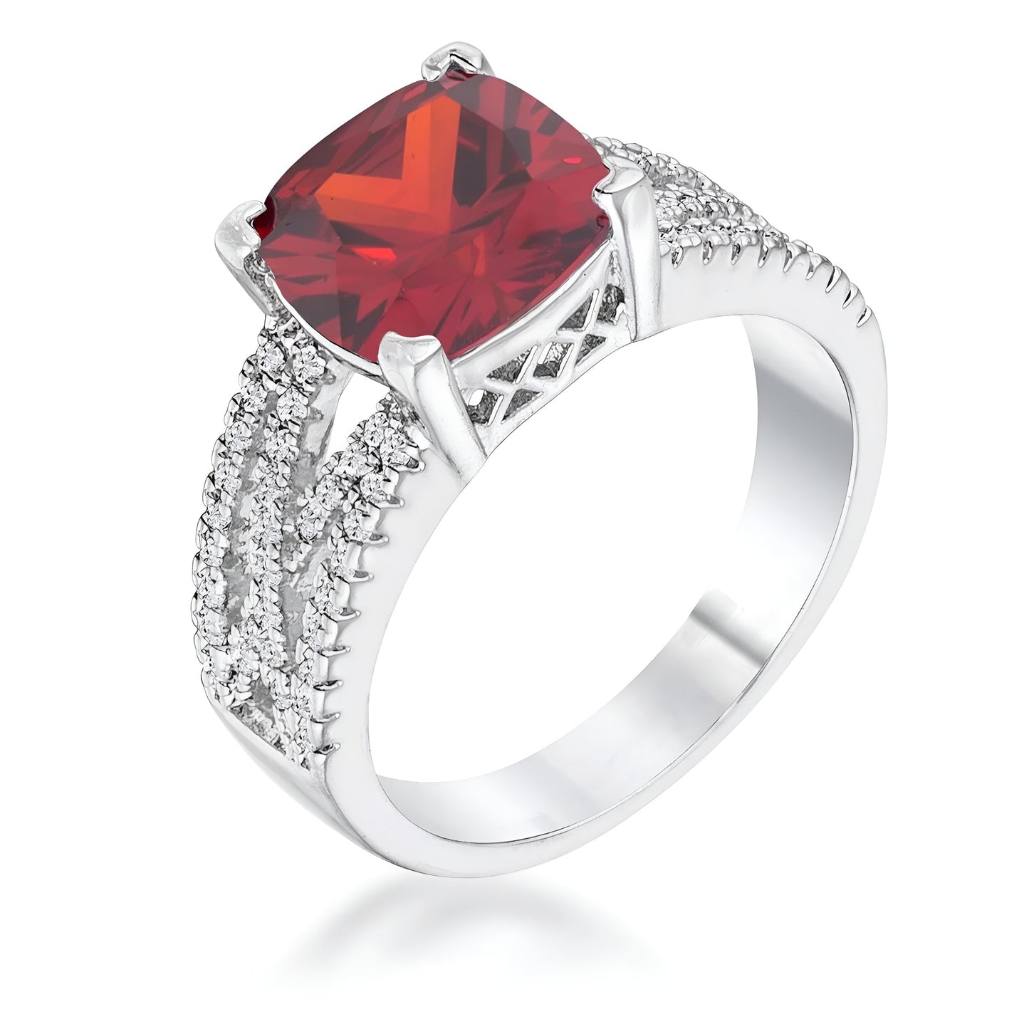 3 CT ELEGANT RHODIUM CRISS-CROSS GARNET CZ ENGAGEMENT RING