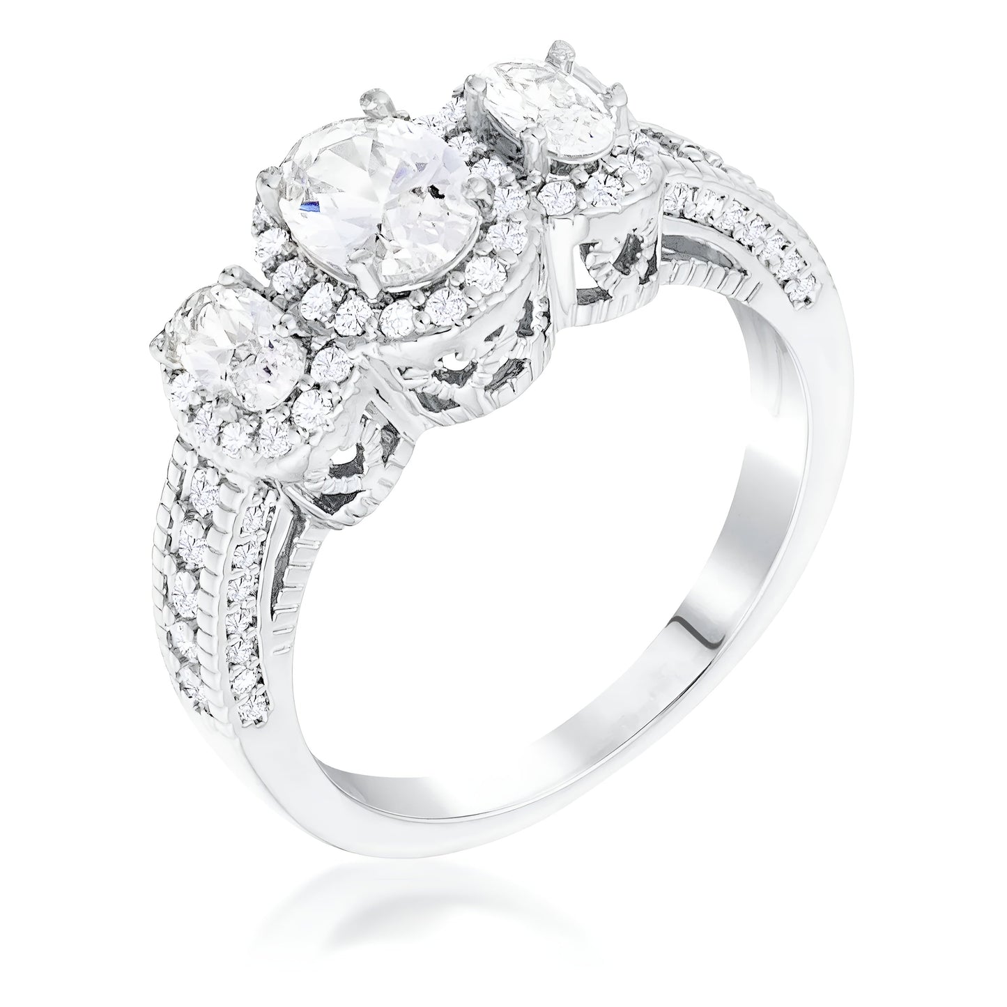 RHODIUM 3-STONE CLEAR OVAL CUT CZ HALO RING - PIERGIORGIO CERRONI