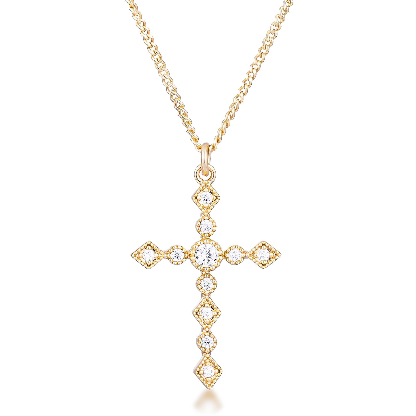 DAINTY ART DECO GOLD CLEAR CZ CROSS PENDANT