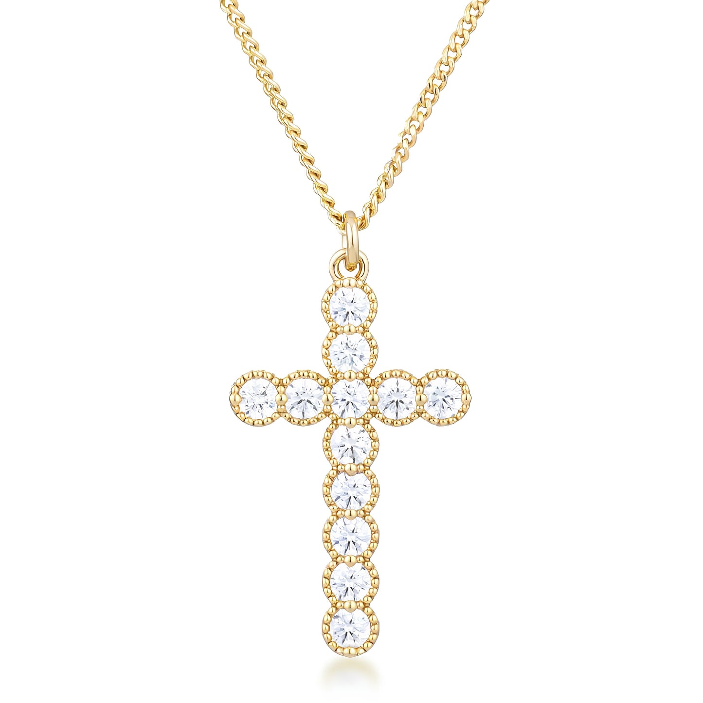 MICRO BEADED 18K GOLD CLEAR CZ CROSS PENDANT