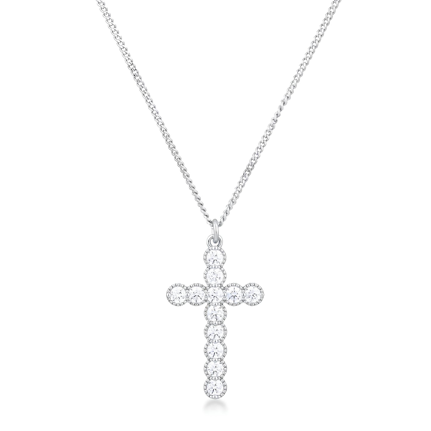 MICRO BEADED RHODIUM CLEAR CZ CROSS PENDANT