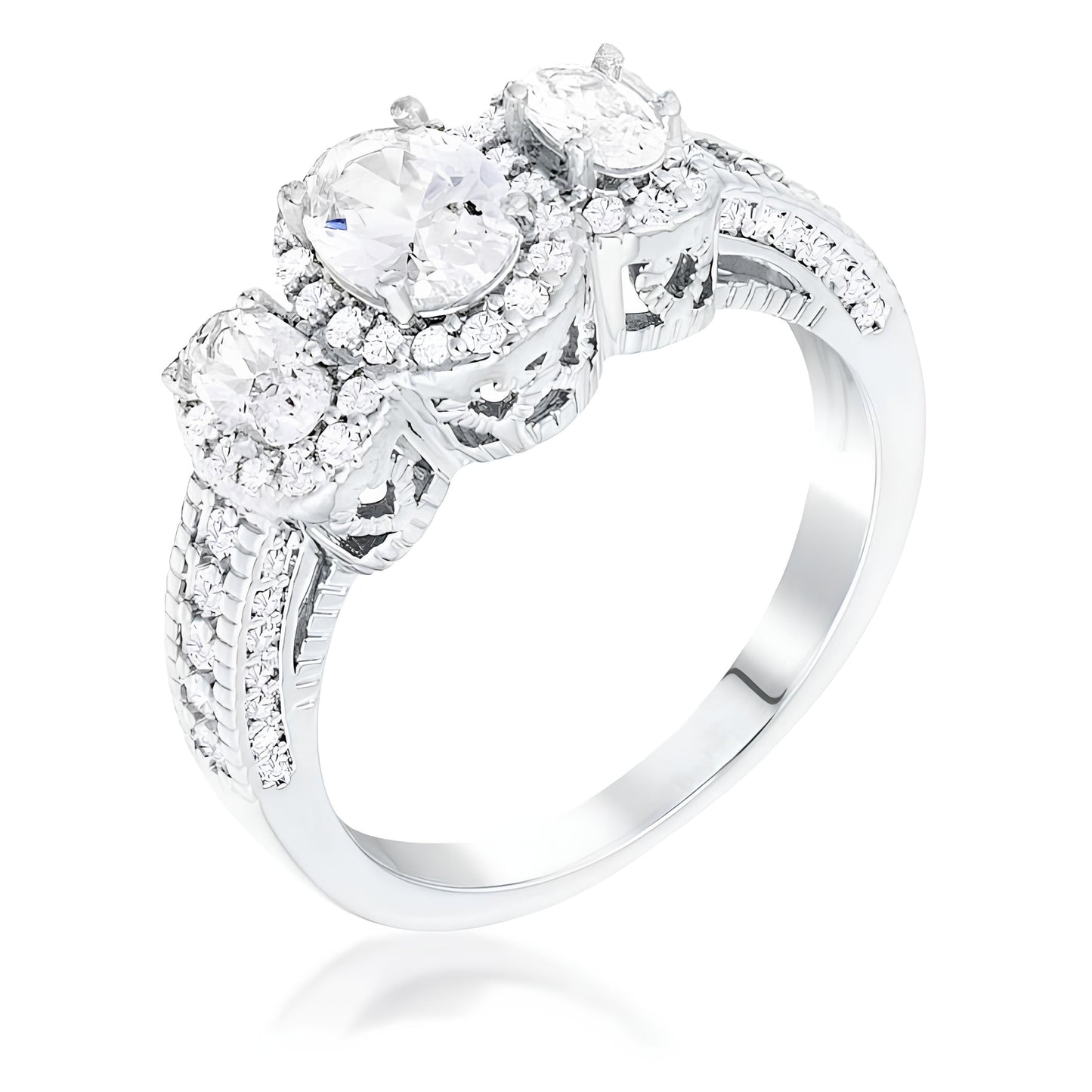 RHODIUM 3-STONE CLEAR OVAL CUT CZ HALO RING