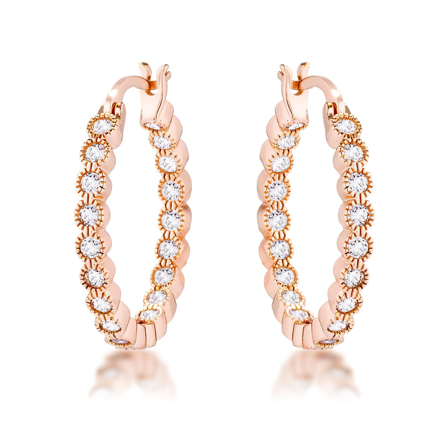 ROSE GOLD DOTTED CLEAR CZ ROUND BEZEL HOOP EARRINGS