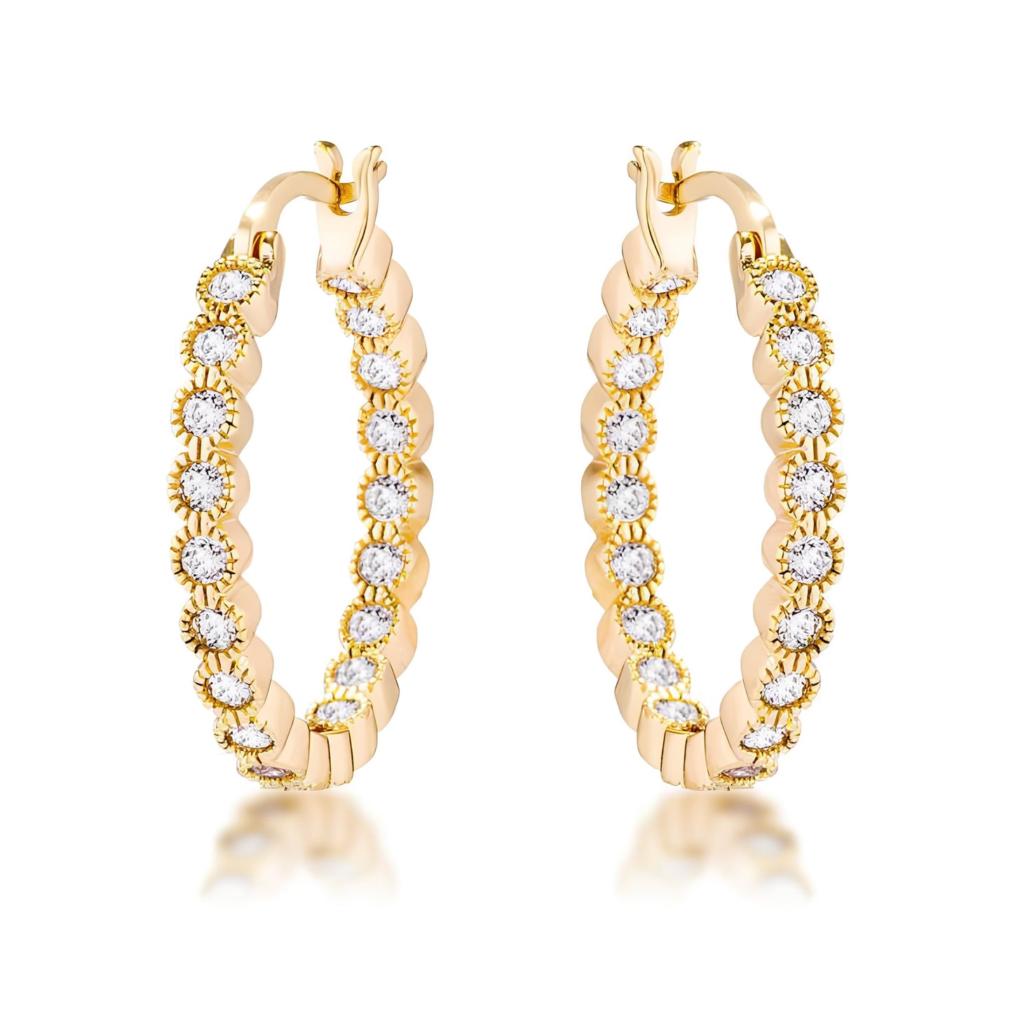 GOLD DOTTED CLEAR CZ ROUND BEZEL HOOP EARRINGS