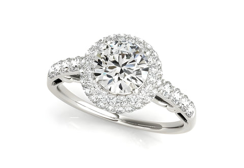 14K WHITE GOLD DOUBLE HALO STYLE ROUND DIAMOND ENGAGEMENT PAVE SHANK RING (1 1/2 CT TW)