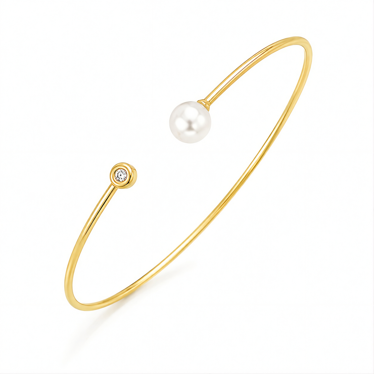 YELLOW GOLD CUFF BANGLE WITH PEARL AND DIAMOND (3.00 MM)