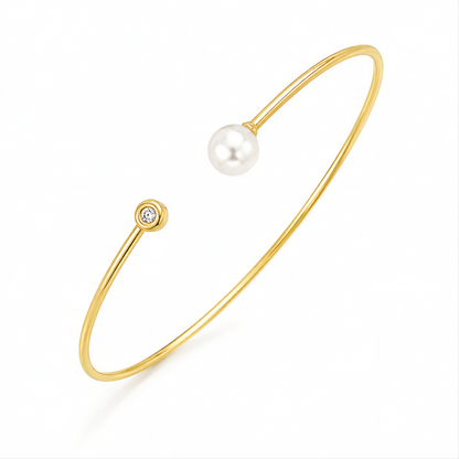 YELLOW GOLD CUFF BANGLE WITH PEARL AND DIAMOND (3.00 MM)