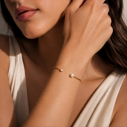 YELLOW GOLD CUFF BANGLE WITH PEARL AND DIAMOND (3.00 MM)