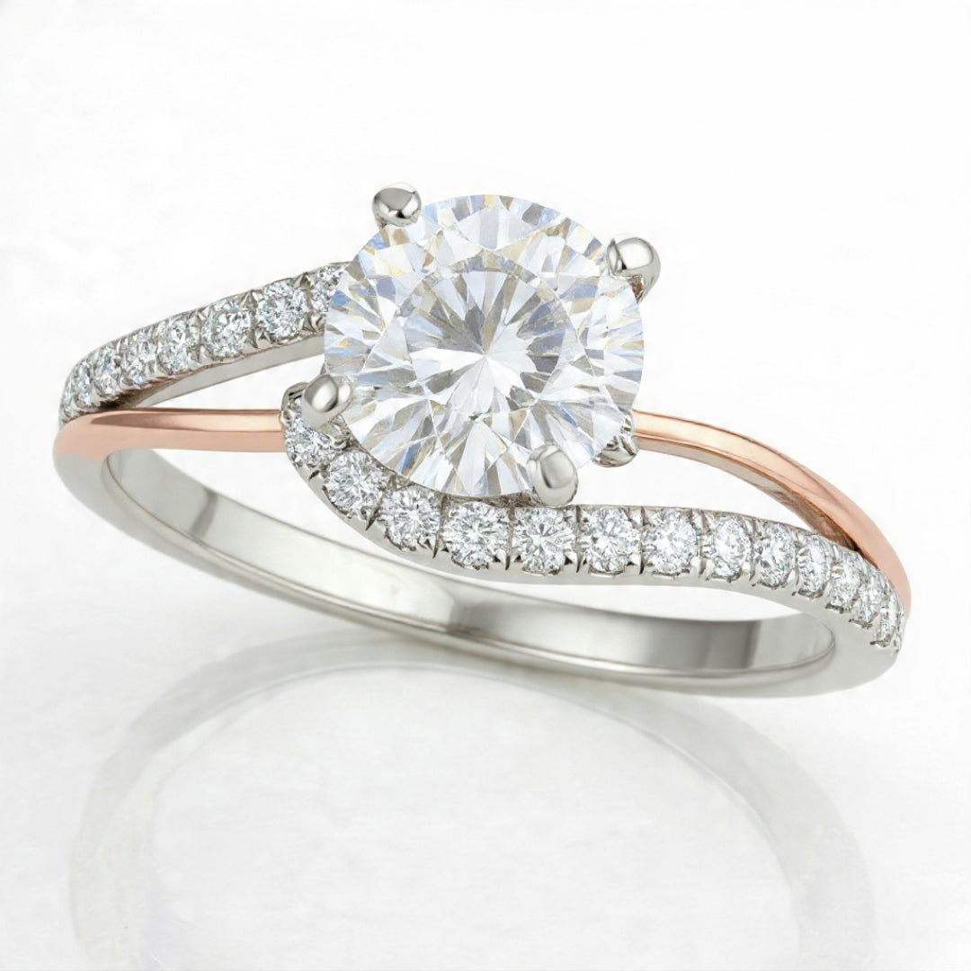 WHITE AND ROSE GOLD ROUND BYPASS SPLIT SHANK DIAMOND ENGAGEMENT RING (1 1/3 CTTW)