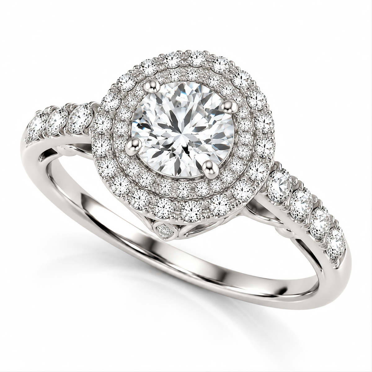 WHITE GOLD DOUBLE HALO STYLE ROUND DIAMOND ENGAGEMENT PAVE SHANK RING (1 1/2 CT TW)