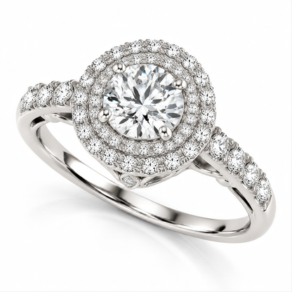 WHITE GOLD DOUBLE HALO STYLE ROUND DIAMOND ENGAGEMENT PAVE SHANK RING (1 1/2 CT TW)