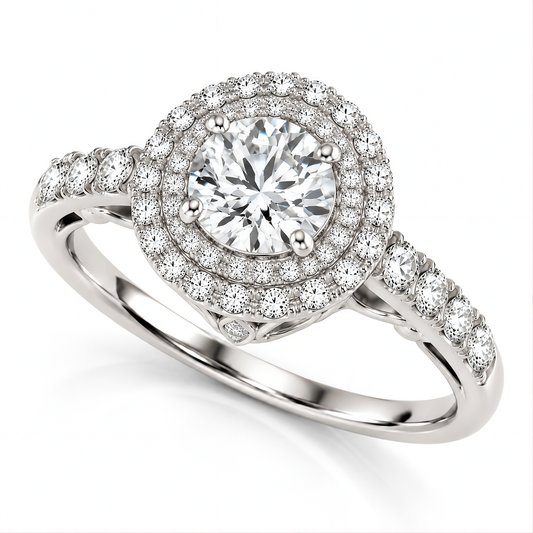 WHITE GOLD DOUBLE HALO STYLE ROUND DIAMOND ENGAGEMENT PAVE SHANK RING (1 1/2 CT TW)