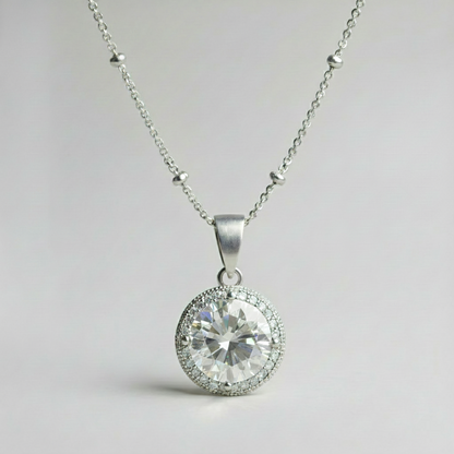 3 CT RHODIUM CLEAR CZ ROUND HALO SATELLITE PENDANT