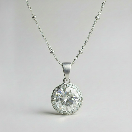 3 CT RHODIUM CLEAR CZ ROUND HALO SATELLITE PENDANT