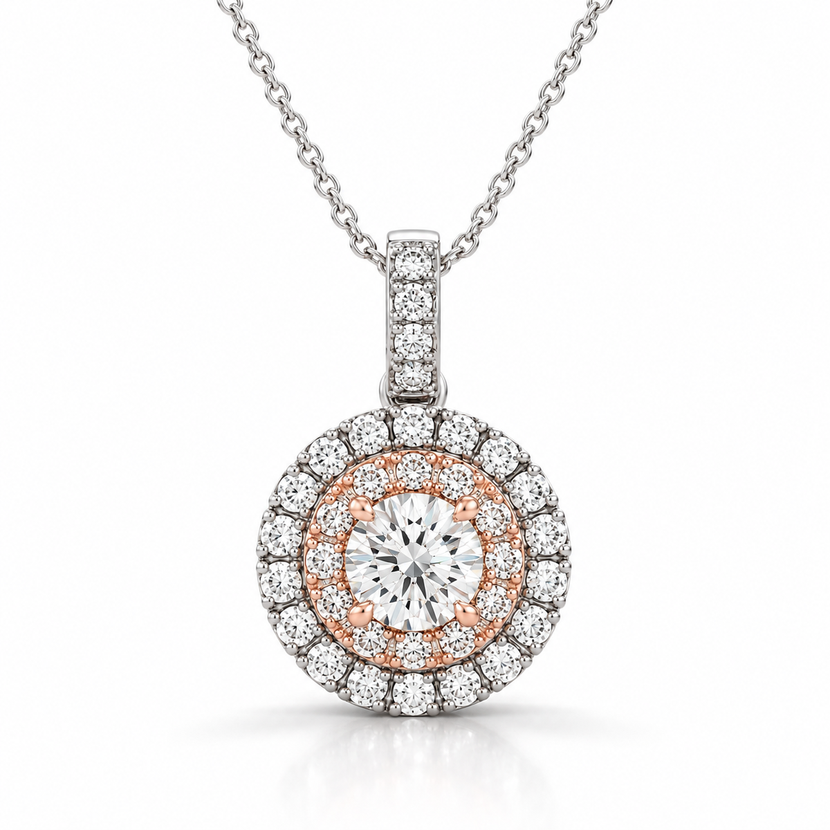 ROUND SHAPE HALO DIAMOND PENDANT IN WHITE AND ROSE GOLD (1/2 CTTW)