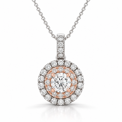 ROUND SHAPE HALO DIAMOND PENDANT IN WHITE AND ROSE GOLD (1/2 CTTW)