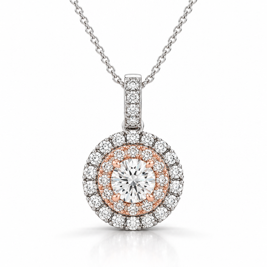 ROUND SHAPE HALO DIAMOND PENDANT IN WHITE AND ROSE GOLD (1/2 CTTW)