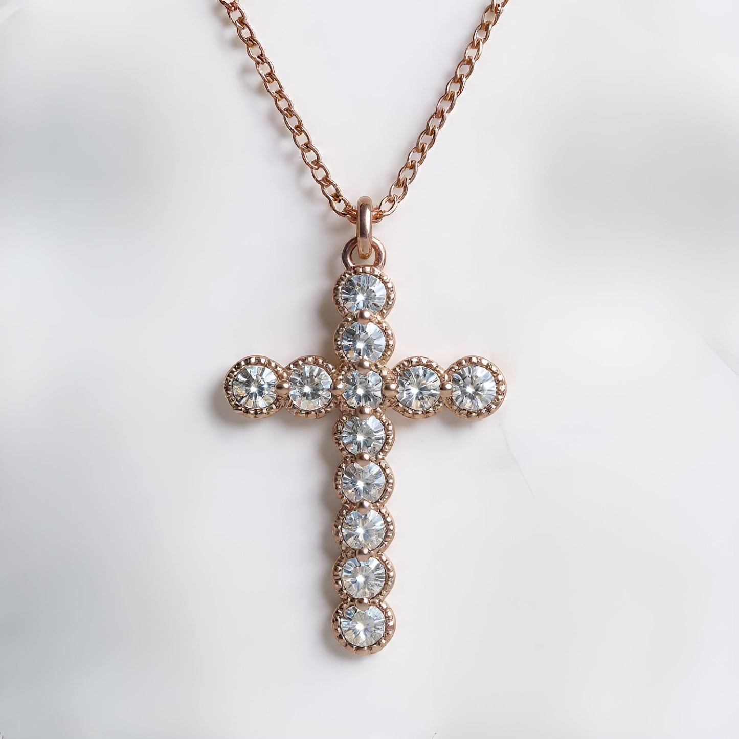 MICRO BEADED ROSE GOLD CLEAR CZ CROSS PENDANT