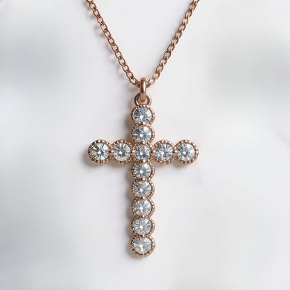 MICRO BEADED ROSE GOLD CLEAR CZ CROSS PENDANT