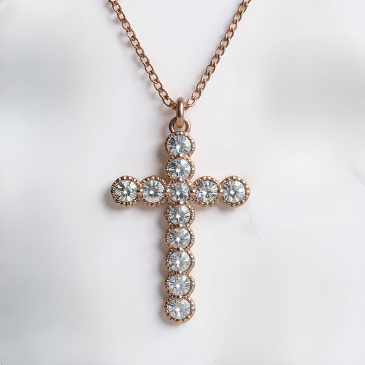 MICRO BEADED ROSE GOLD CLEAR CZ CROSS PENDANT