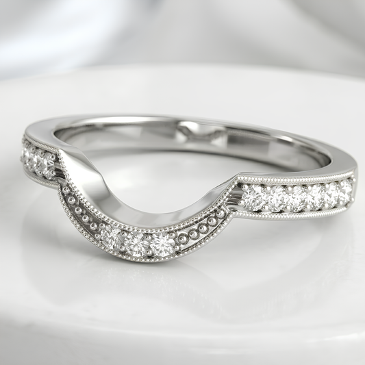WHITE GOLD ROUND DIAMOND CURVED ANTIQUE WEDDING BAND (1/4 CTTW)