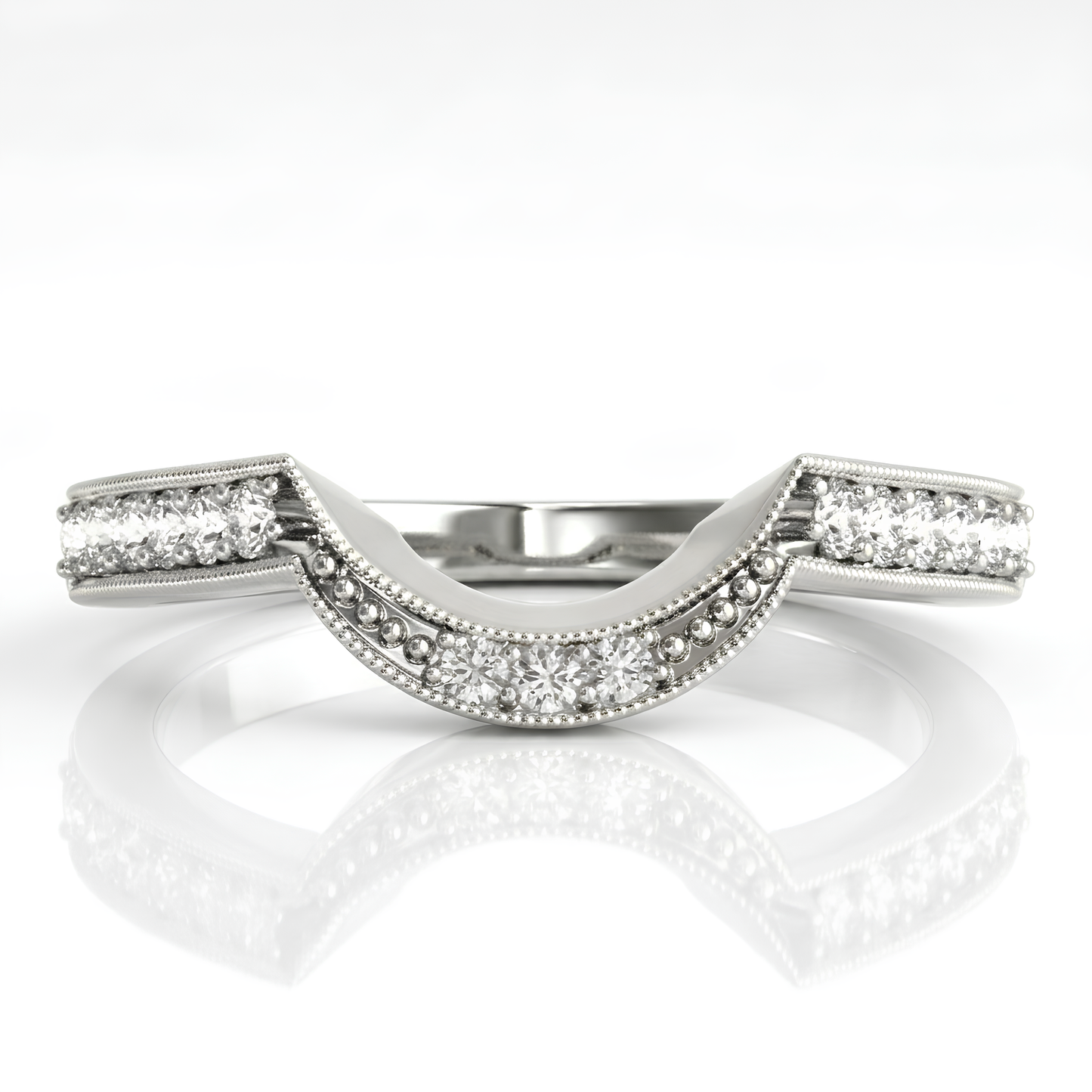 WHITE GOLD ROUND DIAMOND CURVED ANTIQUE WEDDING BAND (1/4 CTTW)