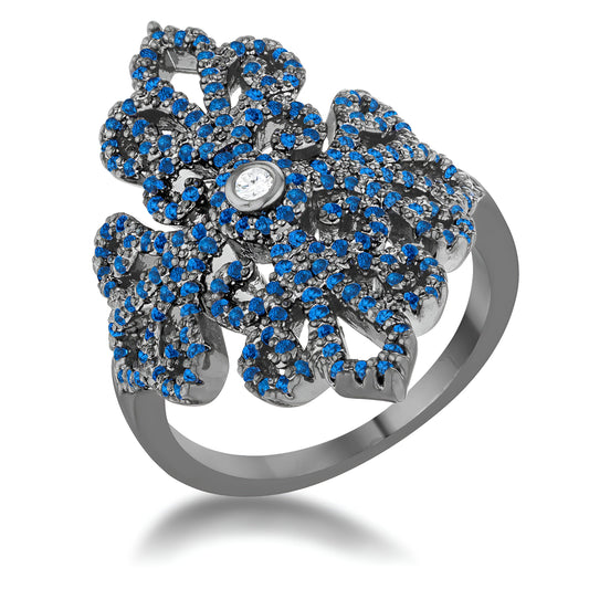 VICTORIA 1.23 CT SAPPHIRE CZ HEMATITE FILIGREE COCKTAIL RING