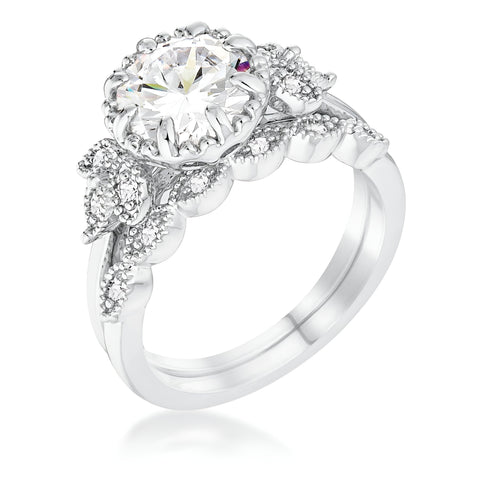 2.25 CT RHODIUM ROUND CUT CZ TRIO LAUREL LEAF ENGAGEMENT RING