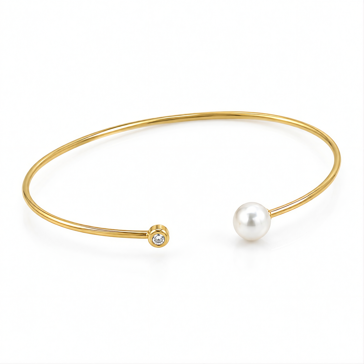 YELLOW GOLD CUFF BANGLE WITH PEARL AND DIAMOND (3.00 MM)