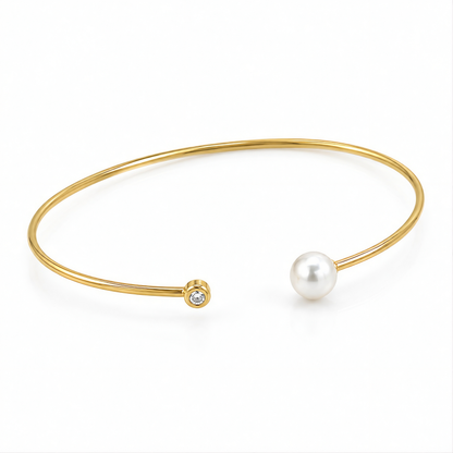 YELLOW GOLD CUFF BANGLE WITH PEARL AND DIAMOND (3.00 MM)
