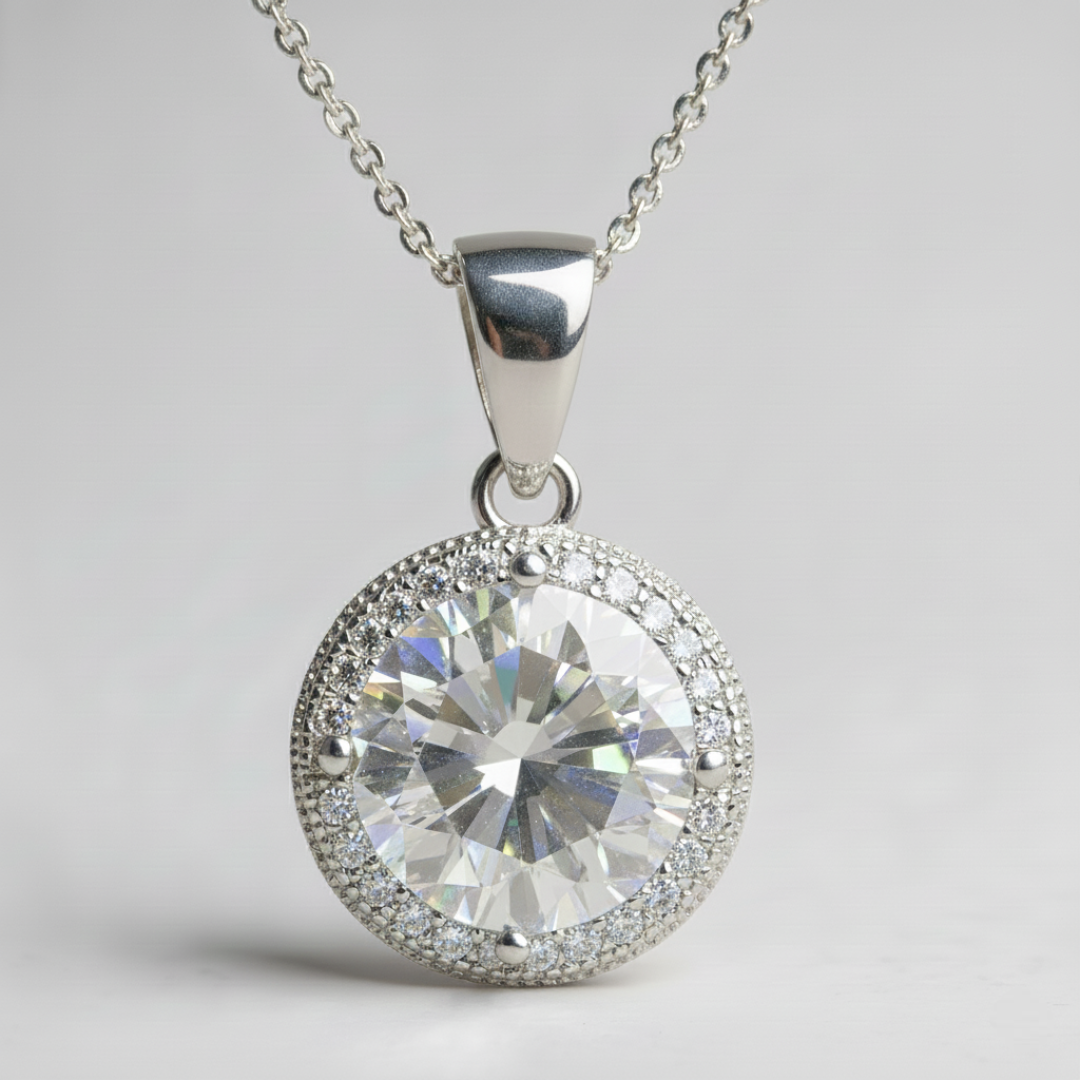 3 CT RHODIUM CLEAR CZ ROUND HALO SATELLITE PENDANT
