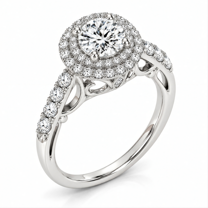 WHITE GOLD DOUBLE HALO STYLE ROUND DIAMOND ENGAGEMENT PAVE SHANK RING (1 1/2 CT TW)
