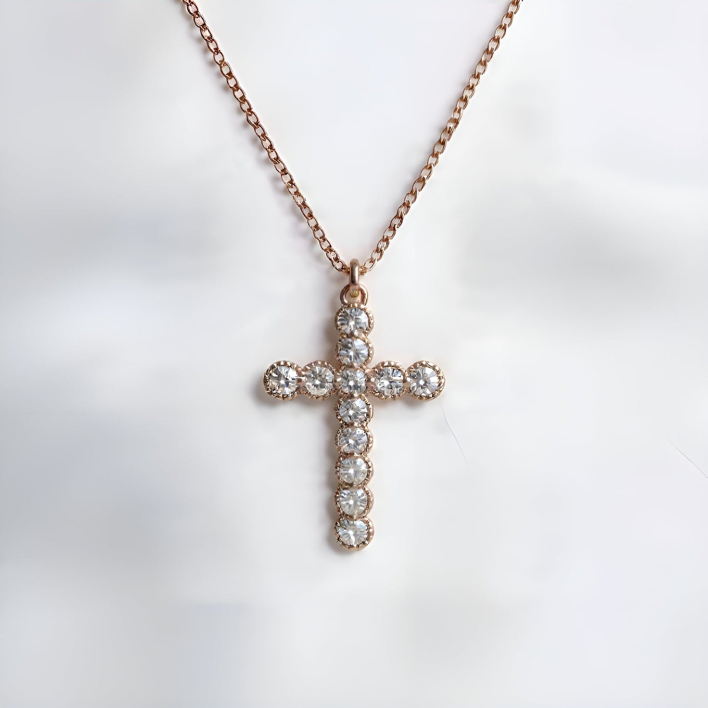 MICRO BEADED ROSE GOLD CLEAR CZ CROSS PENDANT