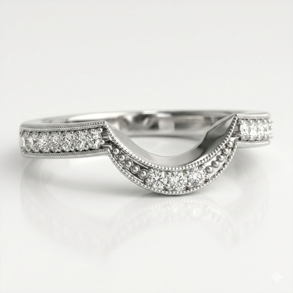 WHITE GOLD ROUND DIAMOND CURVED ANTIQUE WEDDING BAND (1/4 CTTW)
