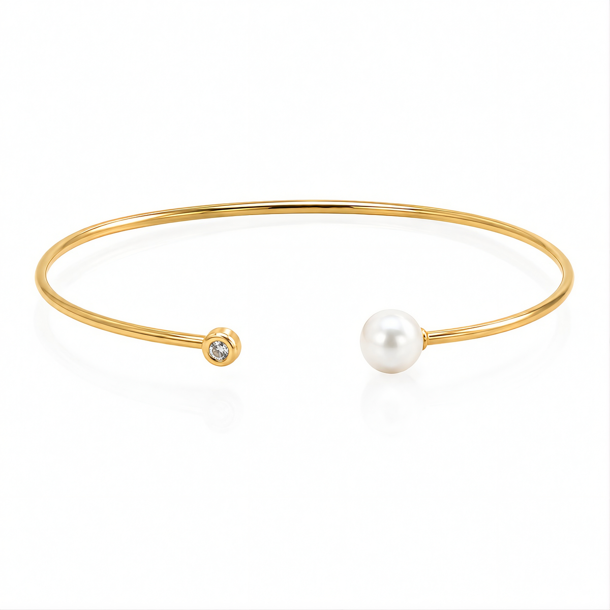 YELLOW GOLD CUFF BANGLE WITH PEARL AND DIAMOND (3.00 MM)