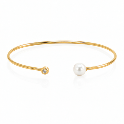 YELLOW GOLD CUFF BANGLE WITH PEARL AND DIAMOND (3.00 MM)
