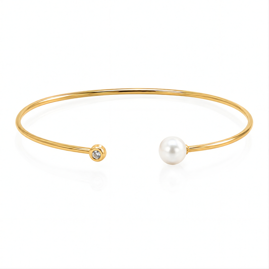 YELLOW GOLD CUFF BANGLE WITH PEARL AND DIAMOND (3.00 MM)
