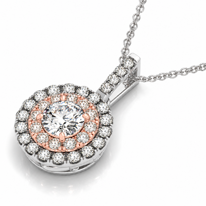 ROUND SHAPE HALO DIAMOND PENDANT IN WHITE AND ROSE GOLD (1/2 CTTW)
