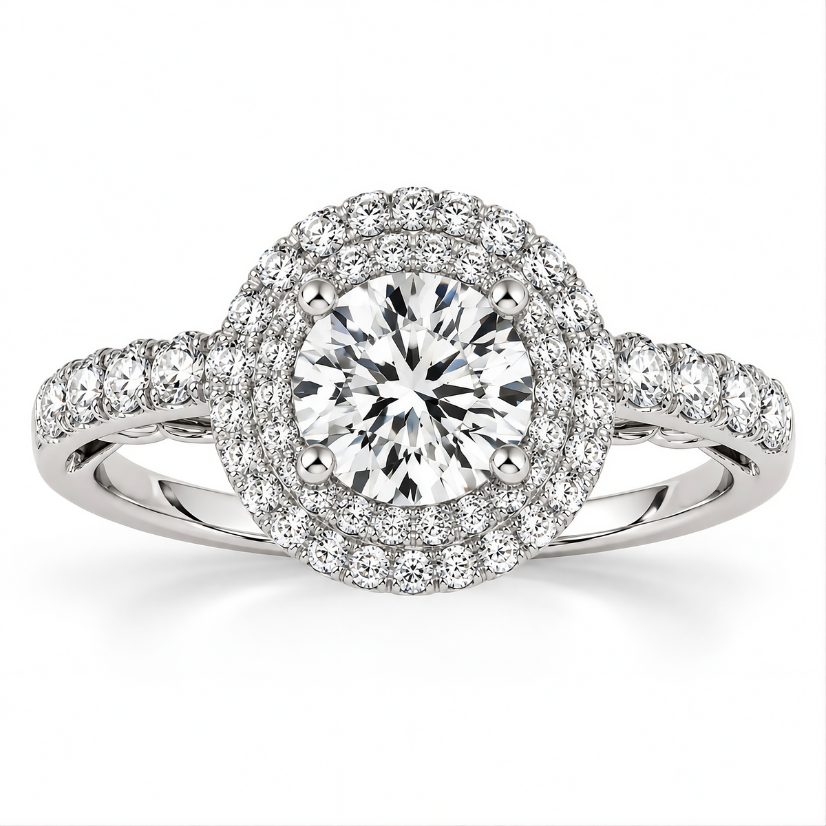 WHITE GOLD DOUBLE HALO STYLE ROUND DIAMOND ENGAGEMENT PAVE SHANK RING (1 1/2 CT TW)